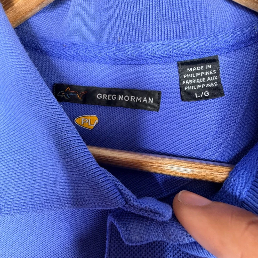 Greg Norman Play Dry Mens Blue Pique Golf Polo Shirt Size Large Short Sleeve